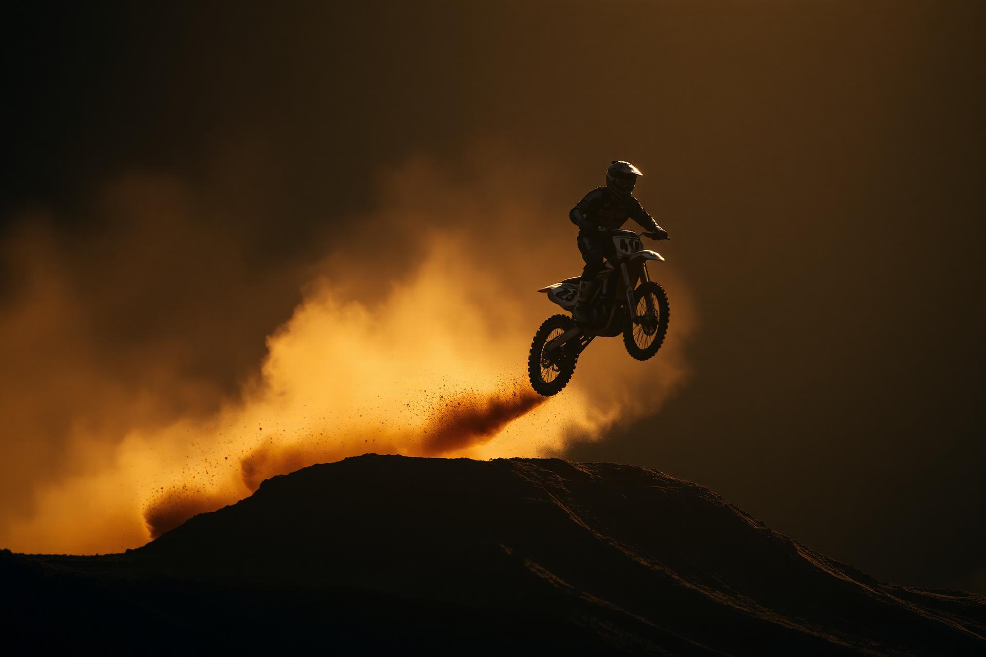Motocross rider mid-air at sunset